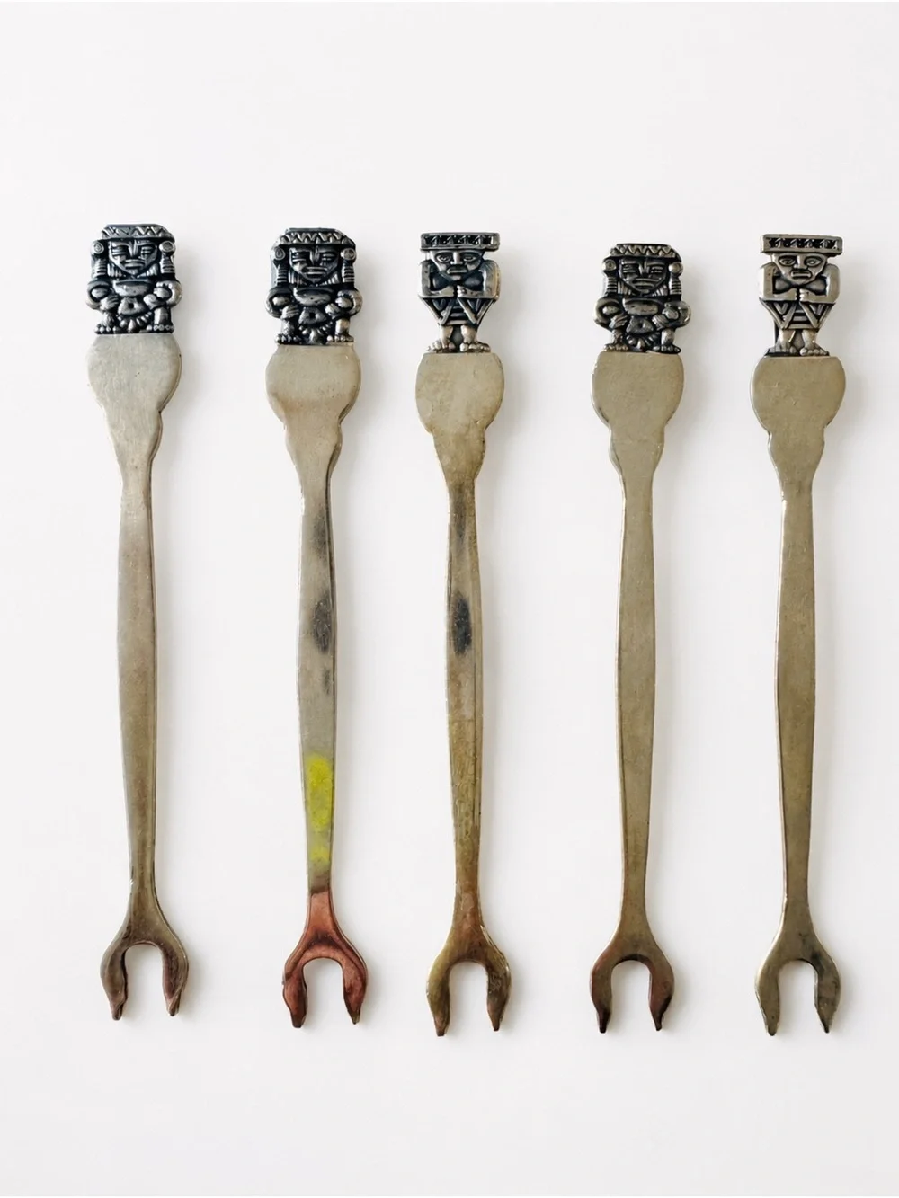 Mid-Century Alpaca Silver Cocktail Forks – Peruvian Inca Figural Set of 13